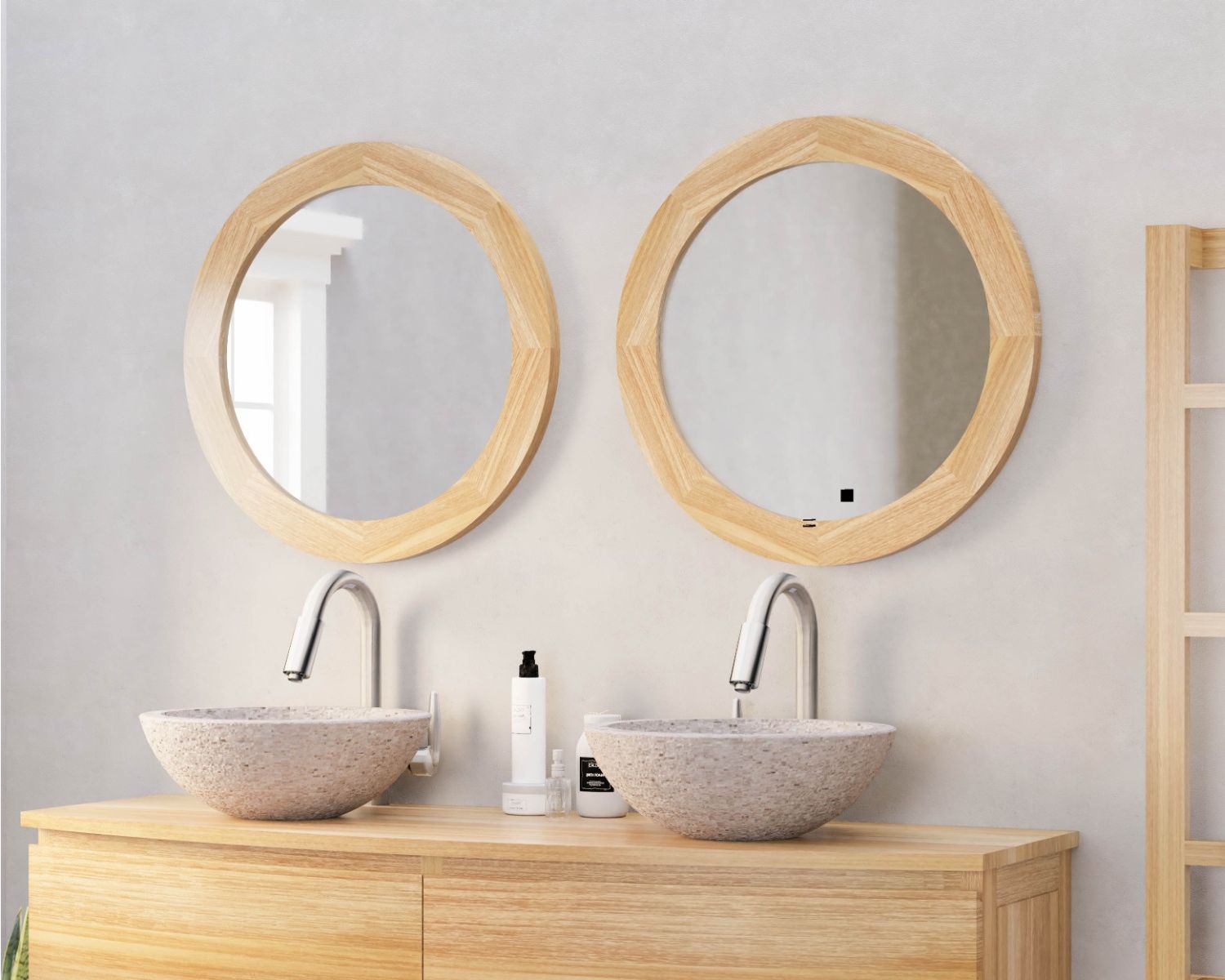 Miroir rond 60 cm de diamètre et cadre en teck