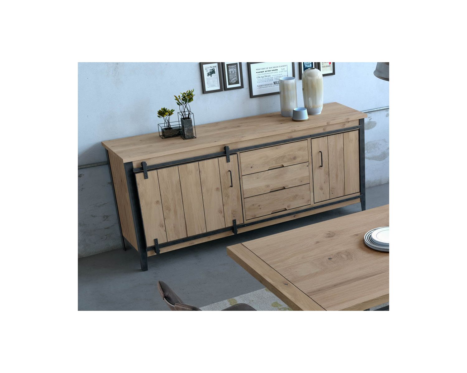 Grande enfilade en chêne style atelier 2 portes 3 tiroirs "Breeze"