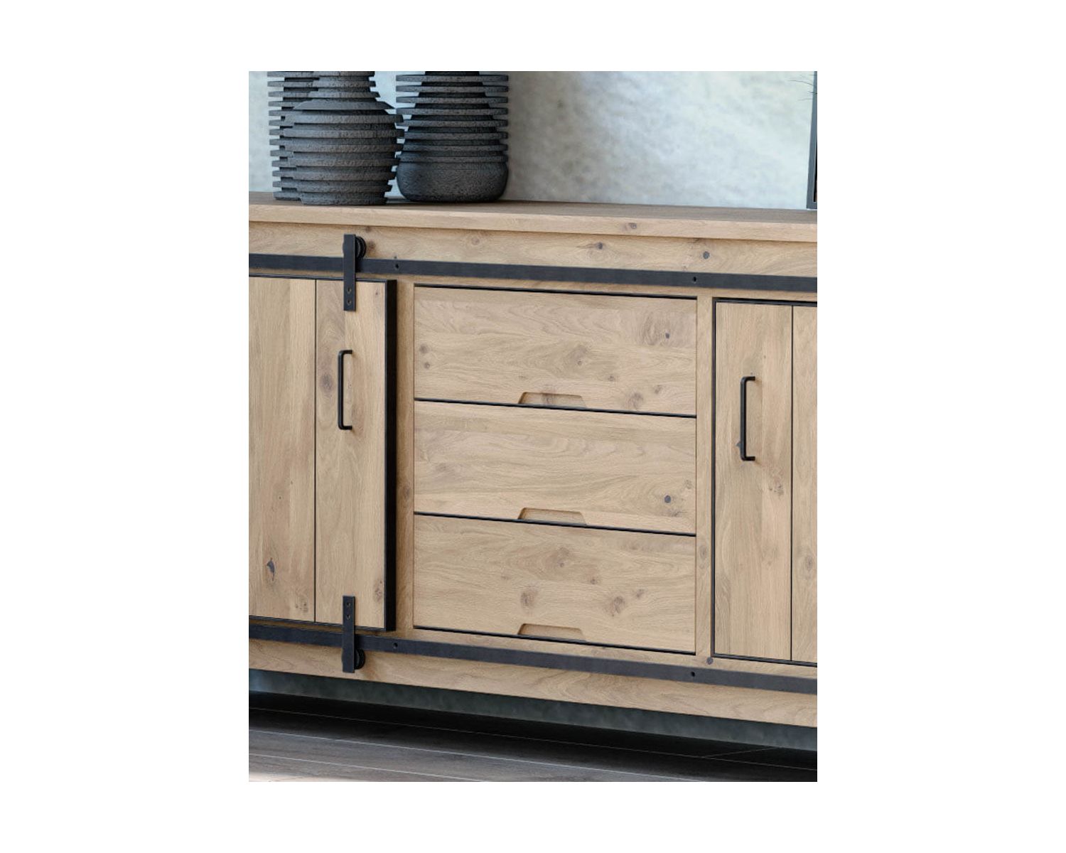 Buffet industriel multi rangements métal gris foncé et bois "Breeze"