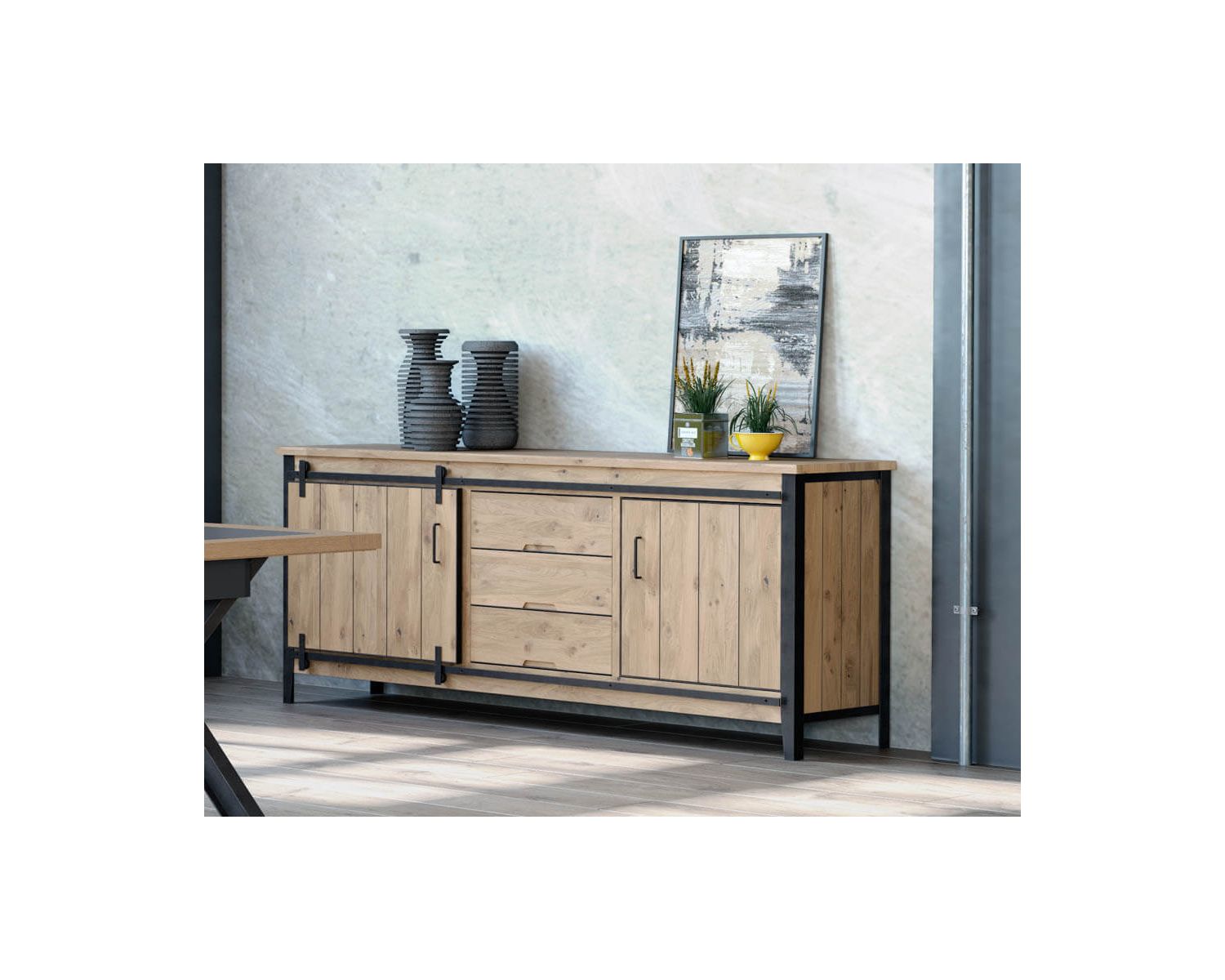 Buffet industriel multi rangements métal gris foncé et bois "Breeze"