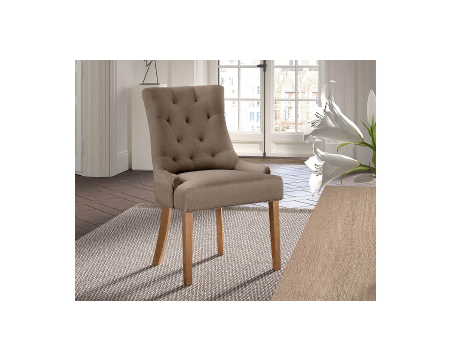 Lot de 2 chaises capitonnées élégantes coloris taupe tissu et bois "Charme"