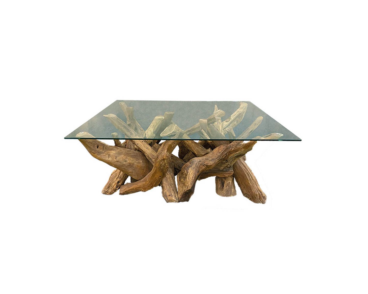 Table basse vitrée en racine de teck naturel recyclé "Farmer"