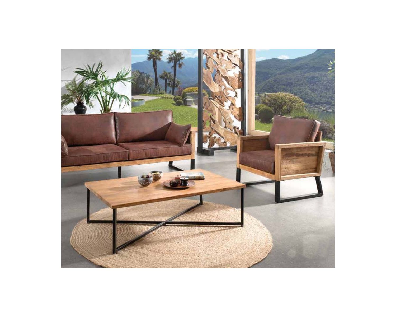 Fauteuil club en tissu imitation cuir anthracite & teck "Roster"