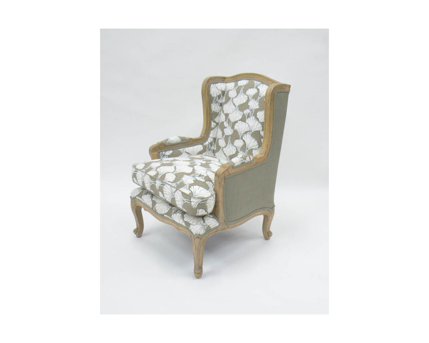 Fauteuil bergère imprimé ginko taupe et crème "Sofia" ultra confort