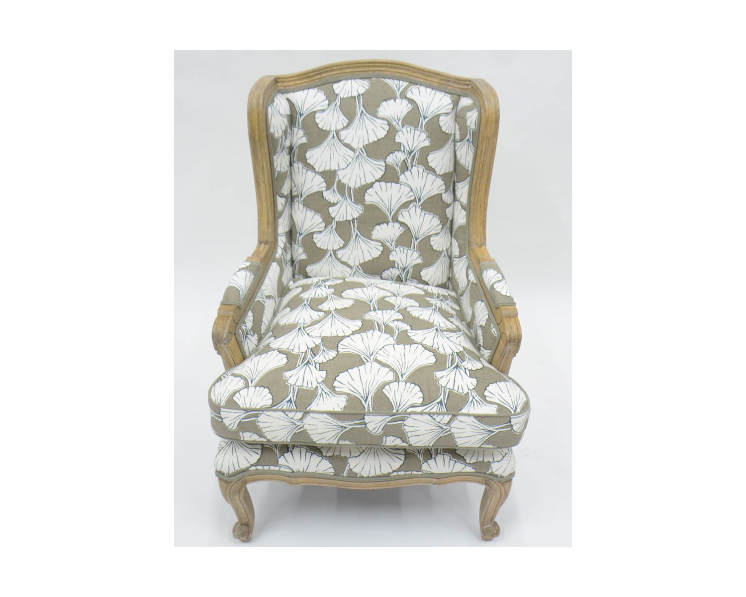 Fauteuil bergère imprimé ginko taupe et crème "Sofia" ultra confort