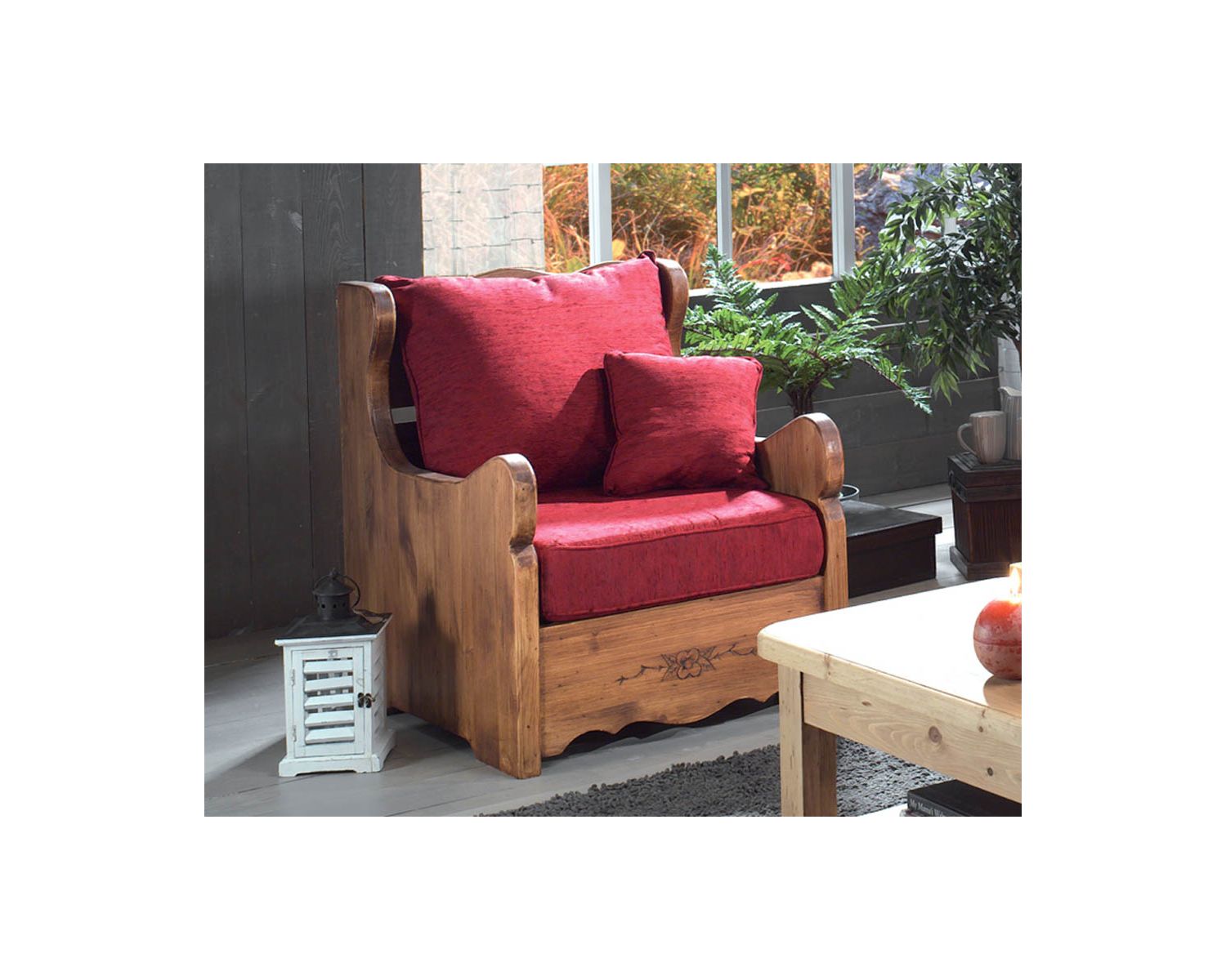 Fauteuil de style rustique en pin massif et tissu au choix "Alaska"