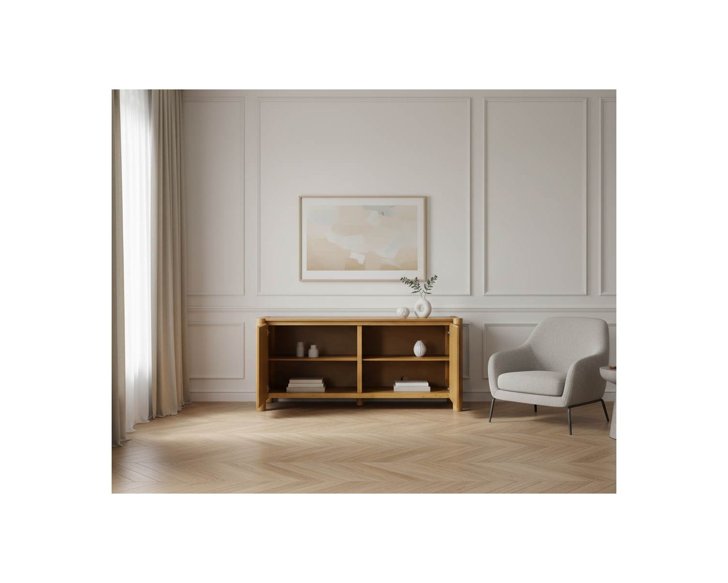 Enfilade 4 portes esprit japandi "Laumie" teinte chêne doré