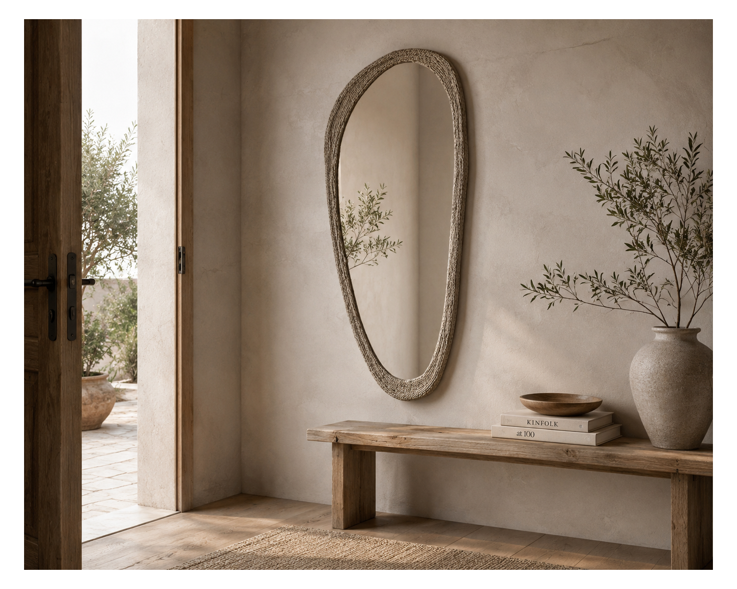 Miroir forme organique avec cadre en cordelette "Solira" hauteur 130 cm