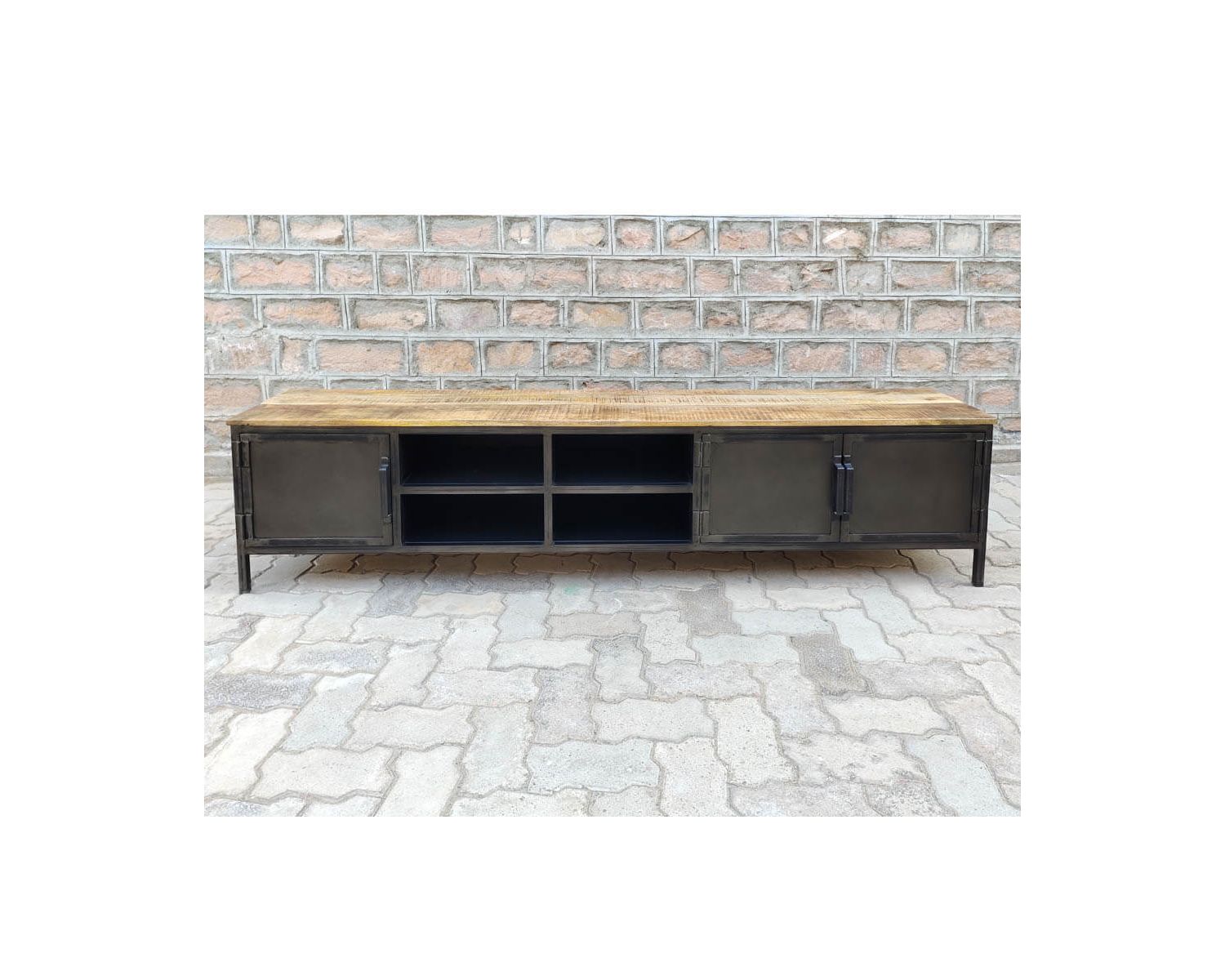 Meuble TV noir en métal et bois "Dowtoun" style atelier 220 cm