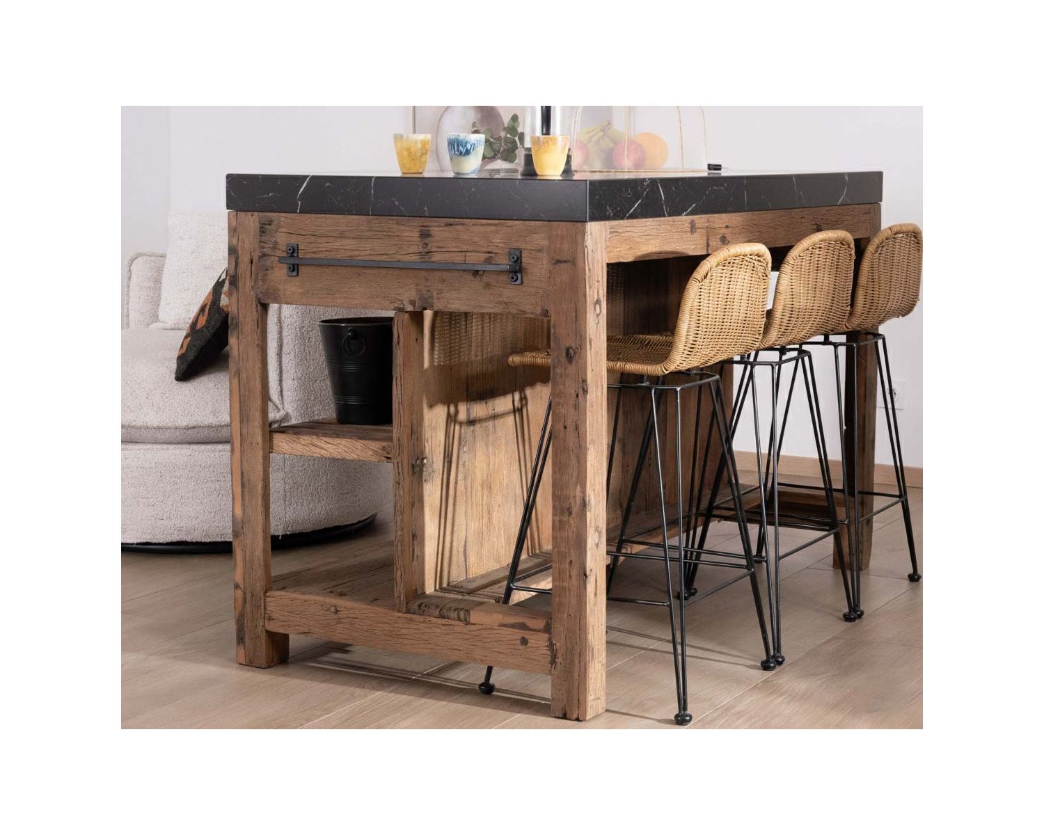  Billot de cuisine en teck recyclé et plateau marbre noir "Grana"