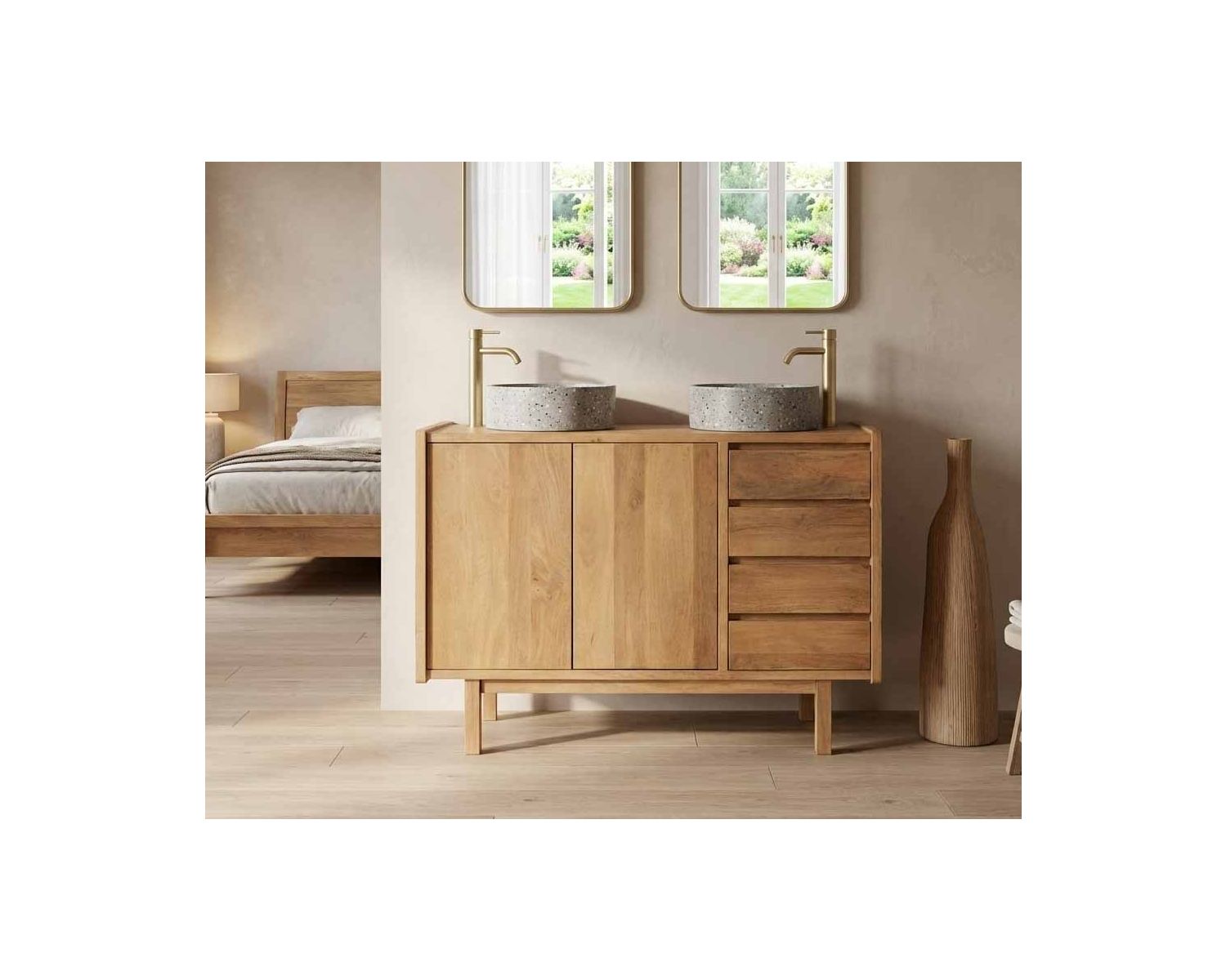 Meuble sous vasque 120 cm avec portes et tiroirs "Kahiko" en manguier teinte chêne clair