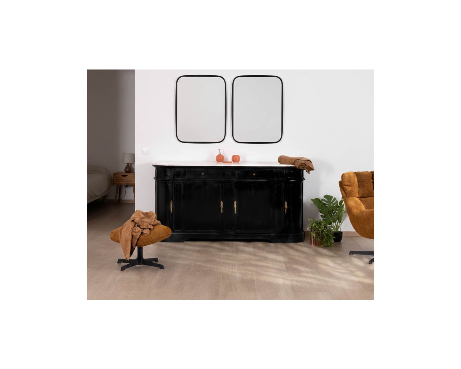 Meuble double vasque coins arrondis bois noir quartz blanc "Églantine"