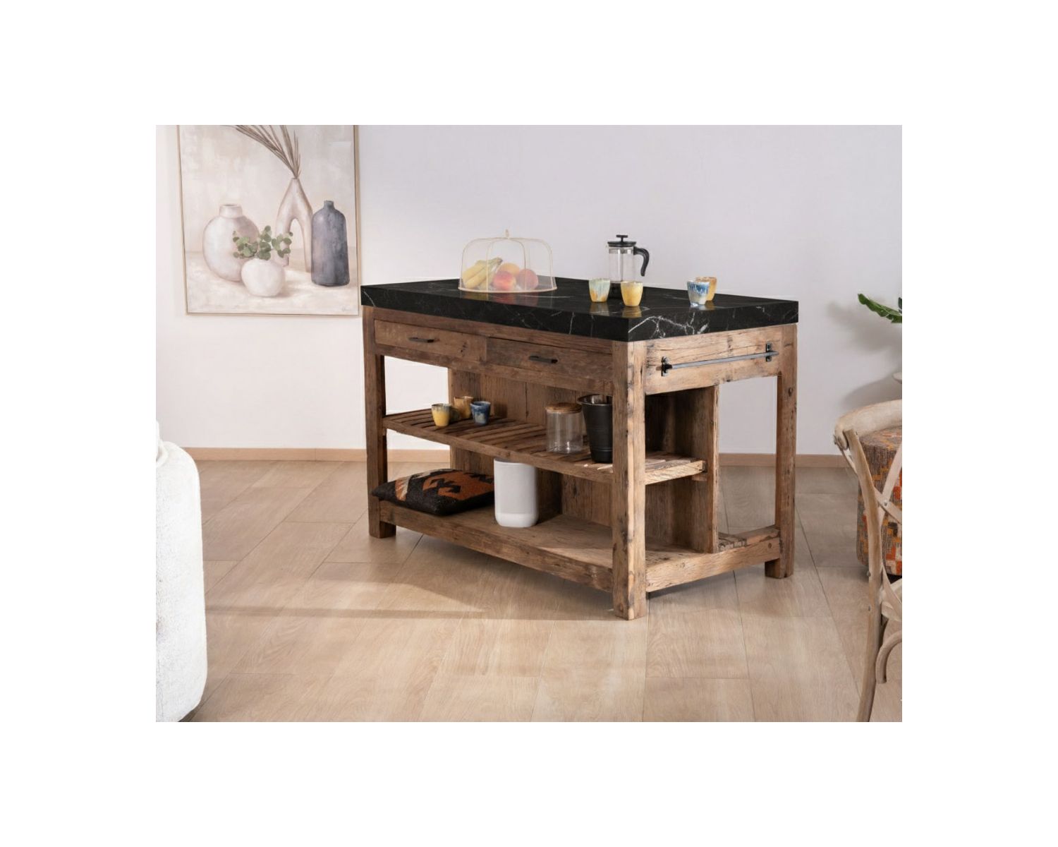  Billot de cuisine en teck recyclé et plateau marbre noir "Grana"