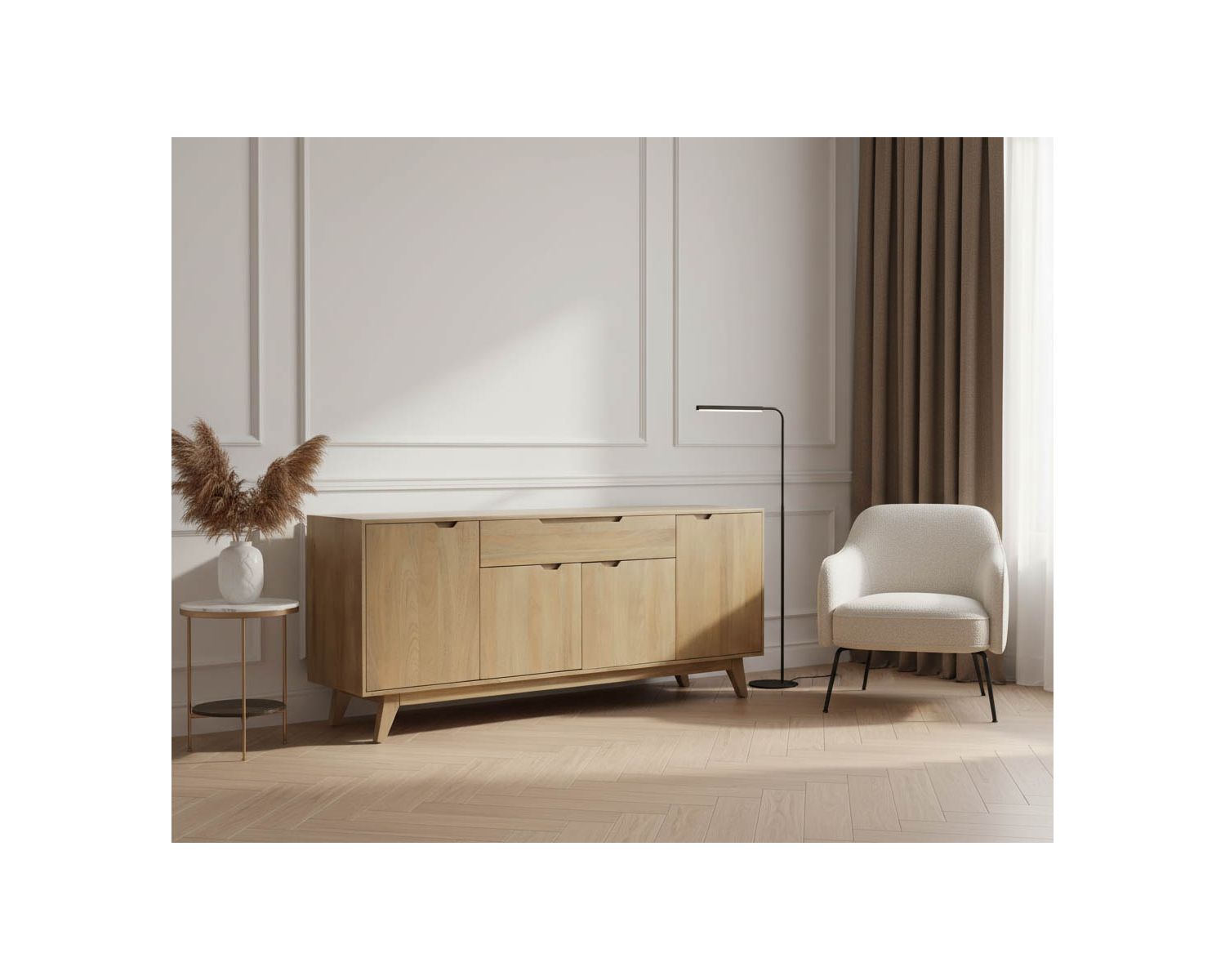 Enfilade 4 portes 200 cm en manguier teinte noyer clair "Elyka" style scandinave