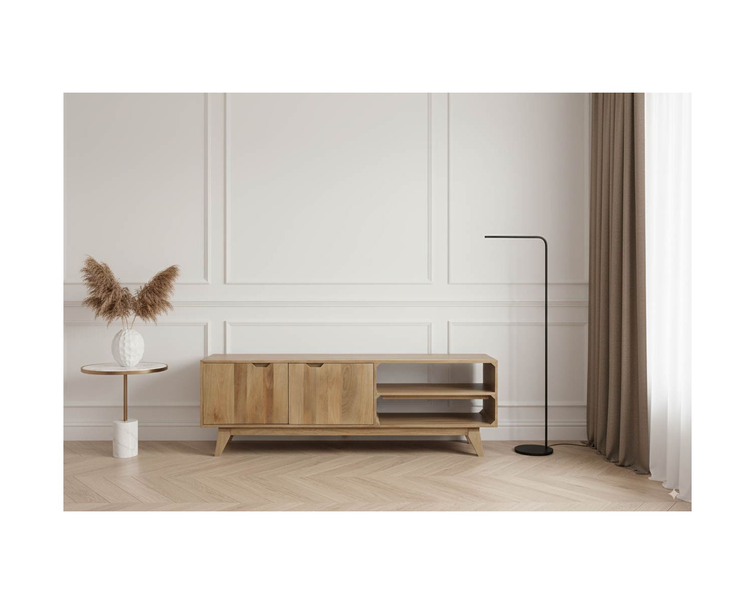 Meuble TV 170 cm en manguier massif  style scandinave "Elyka" avec double porte et niches