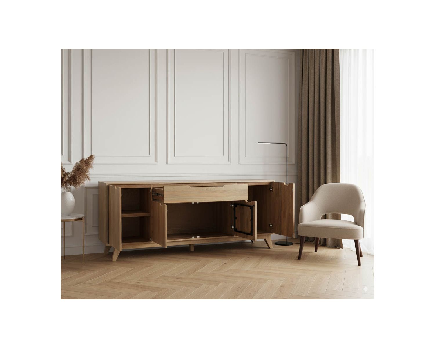 Enfilade 4 portes 200 cm en manguier teinte noyer clair "Elyka" style scandinave