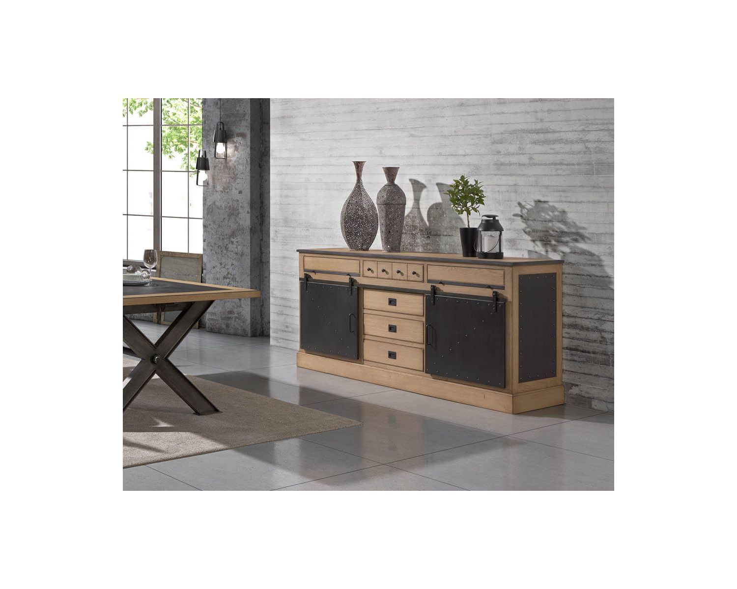Grand buffet industriel en chêne massif et métal noir "San Francisco"