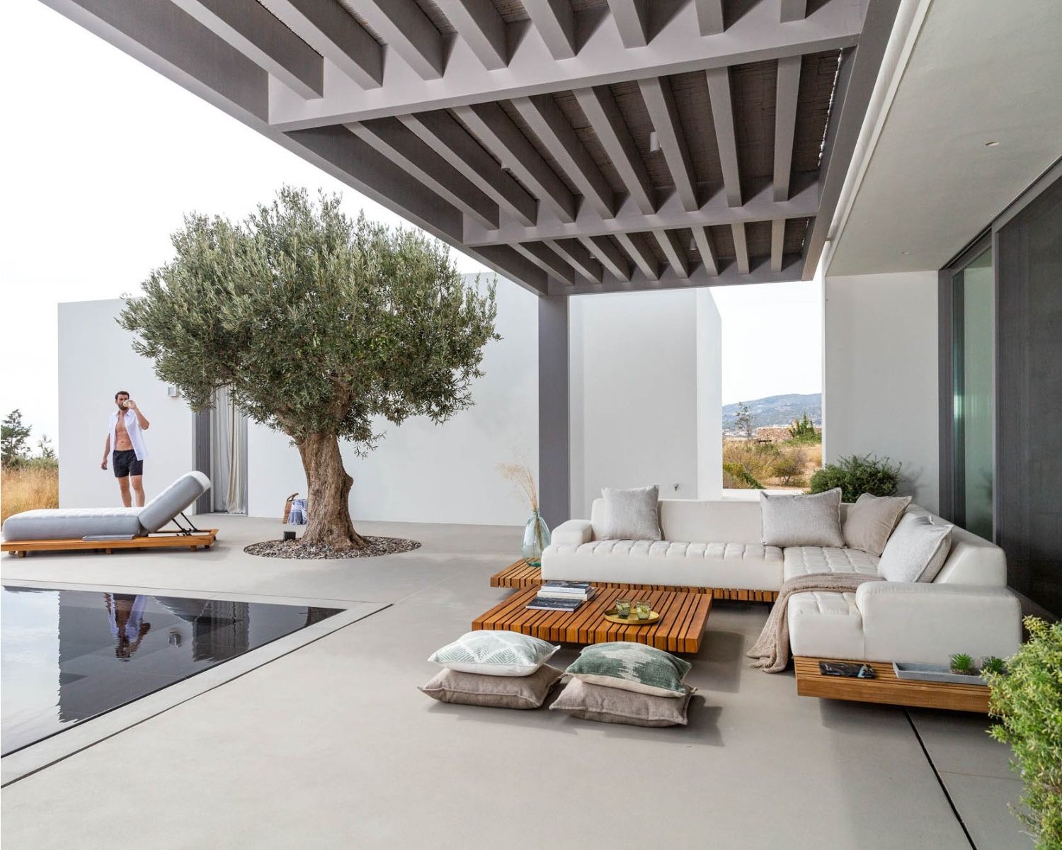 Canapé d'extérieur avec retour gauche tissu Sunbrella écru " Lombok"