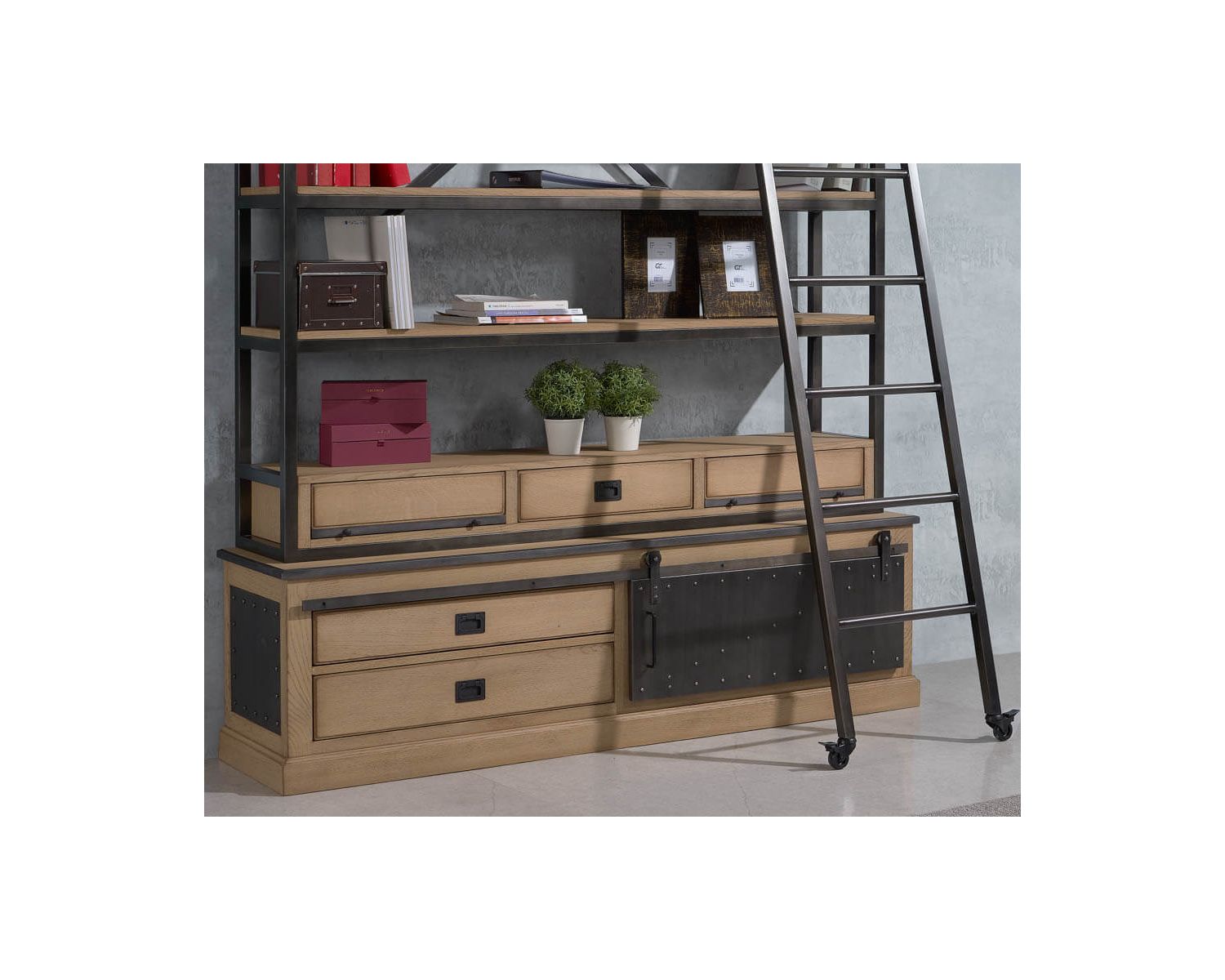 Grande bibliothèque indus’ métal et bois "San Francisco" avec échelle