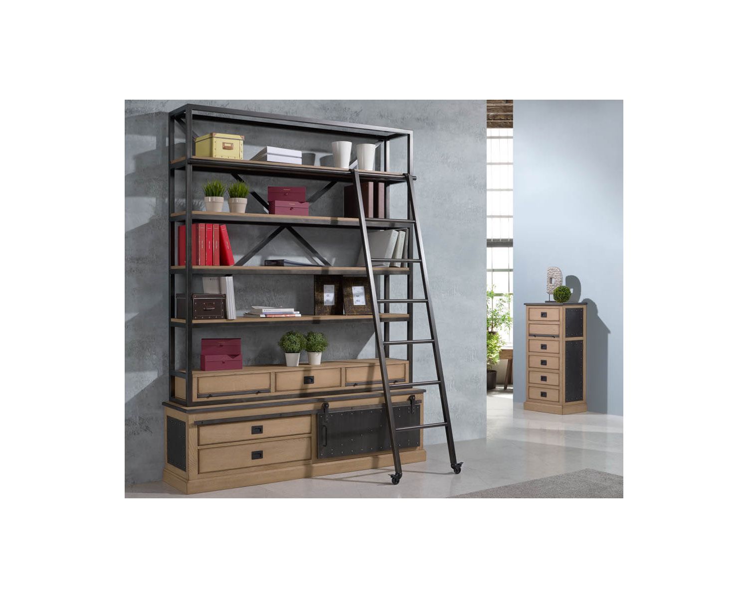 Grande bibliothèque indus’ métal et bois "San Francisco" avec échelle