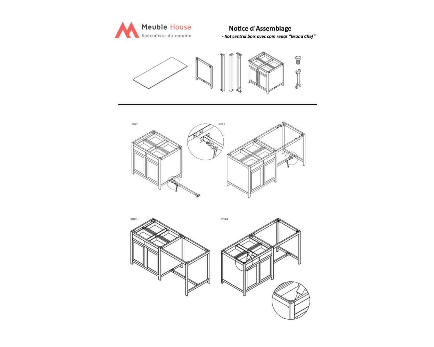 Îlot central bois et quartz blanc avec coin repas "Grand Chef"