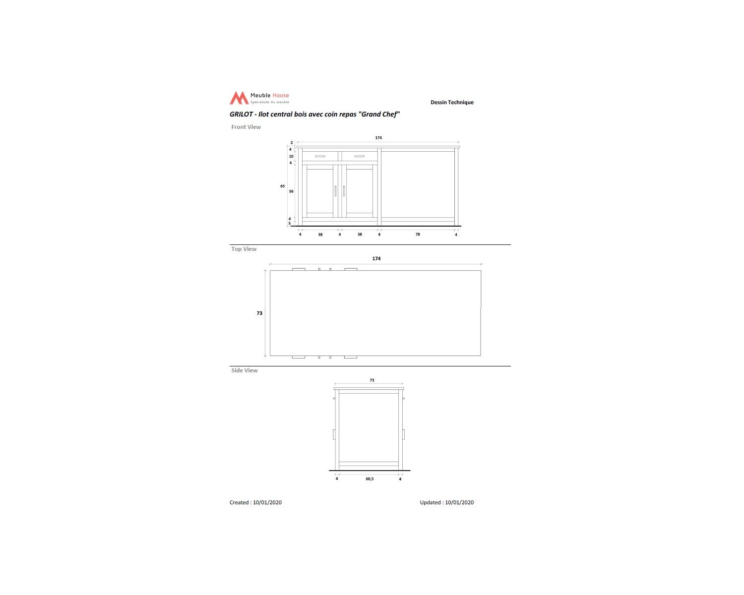 Îlot central bois et quartz blanc avec coin repas "Grand Chef"