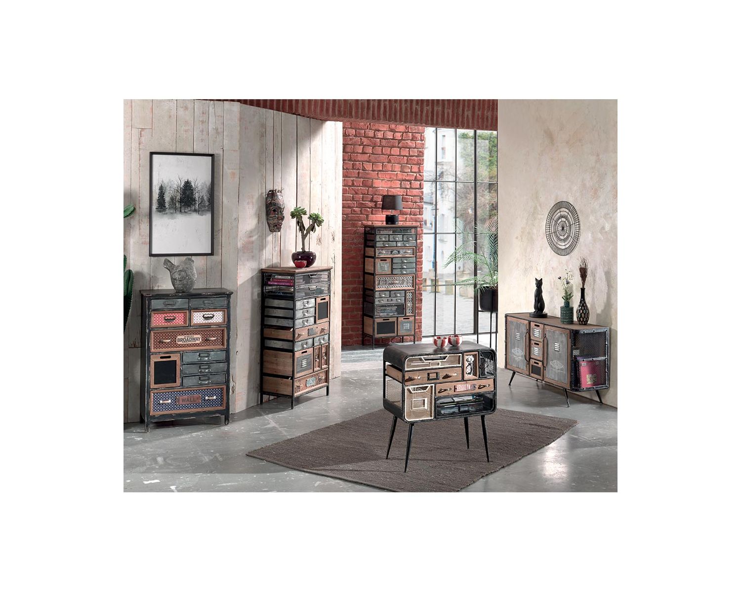 Meuble de rangement déco à tiroirs 134 cm bois métal "Mélimélo Indus"