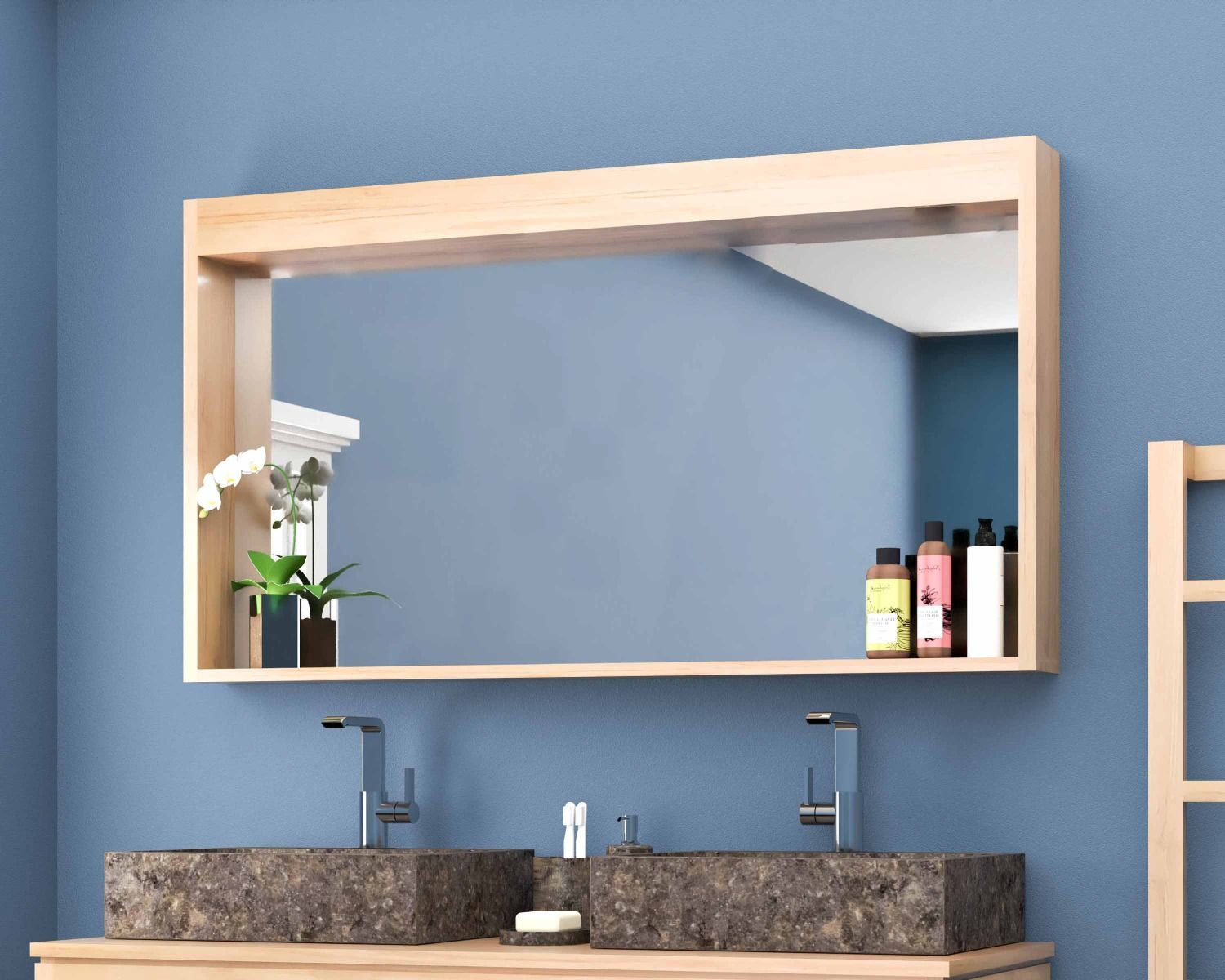 Miroir 140 cm cadre en teck avec rebord