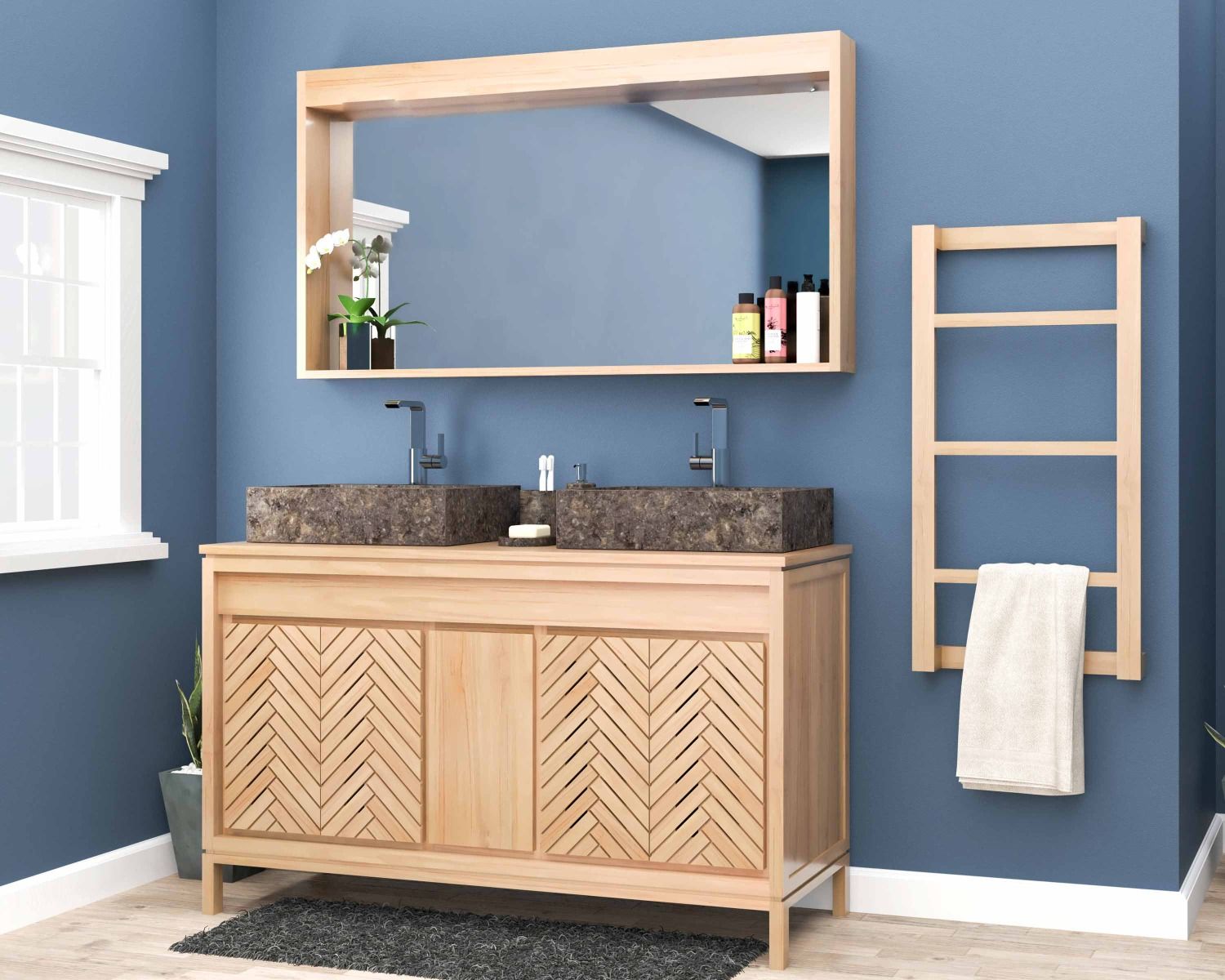 Miroir 140 cm cadre en teck avec rebord