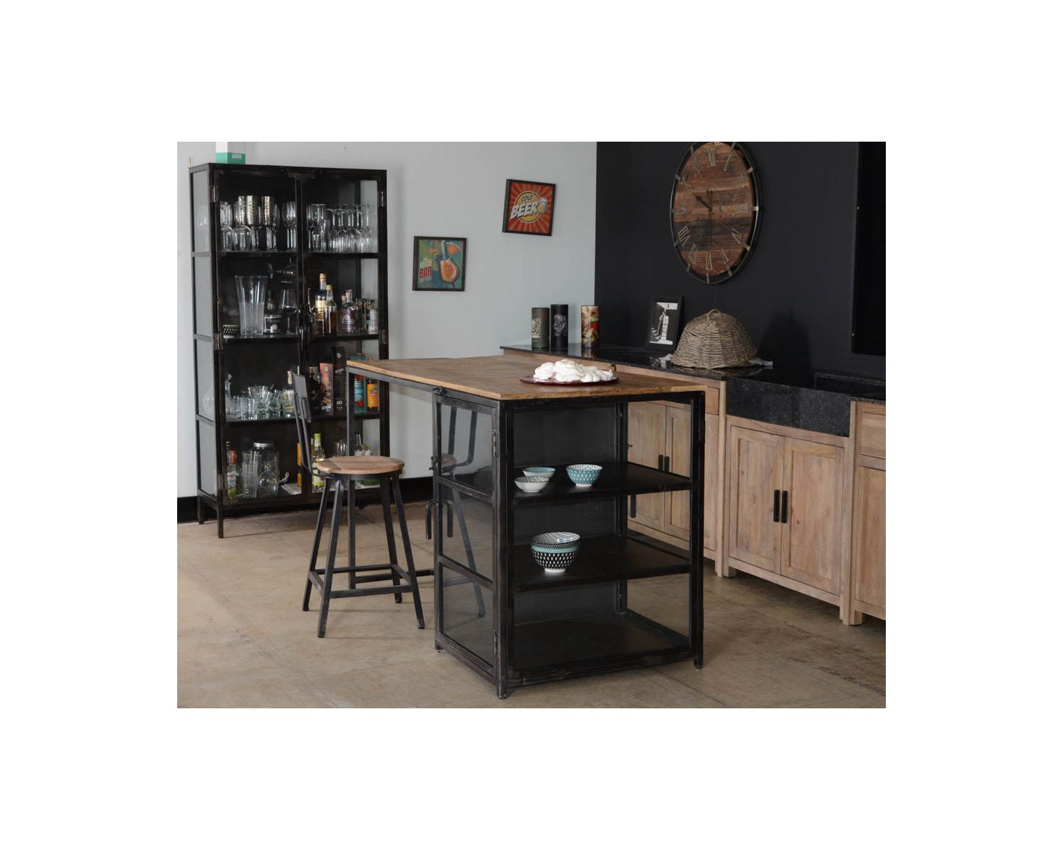 Ilot de cuisine en bois et métal noir 150 cm "Black Cook"