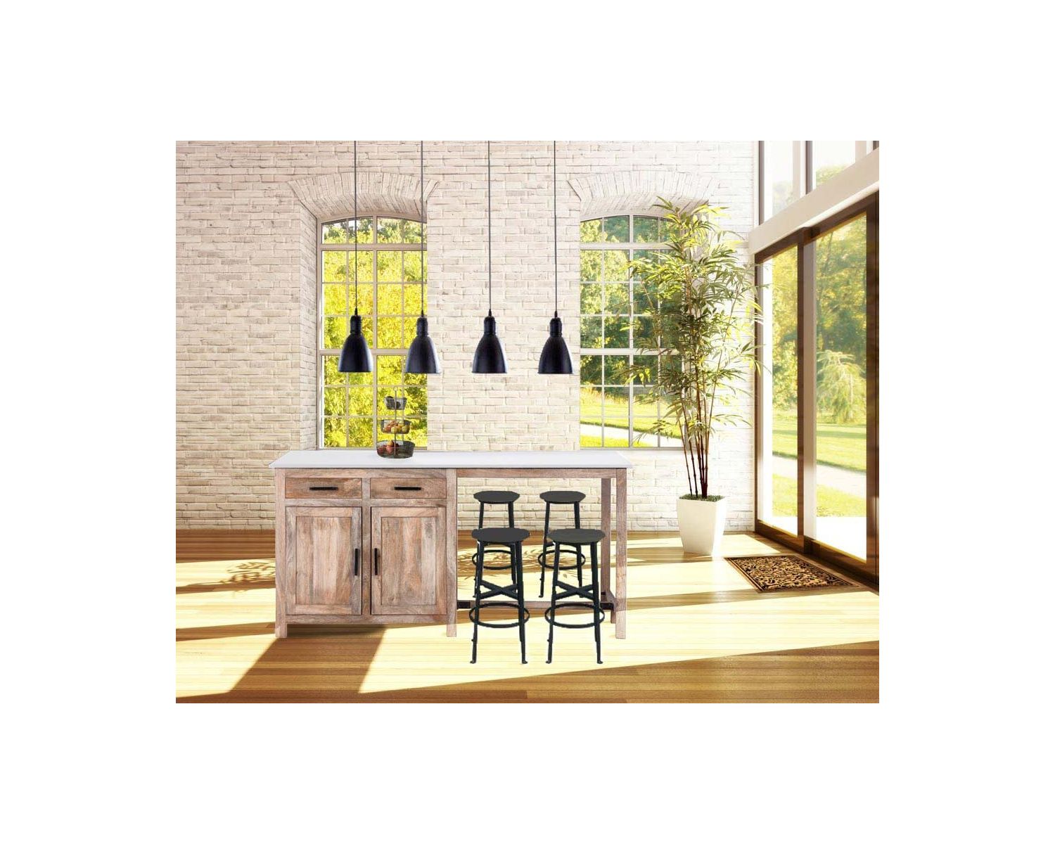 Îlot central bois et quartz blanc avec coin repas "Grand Chef"