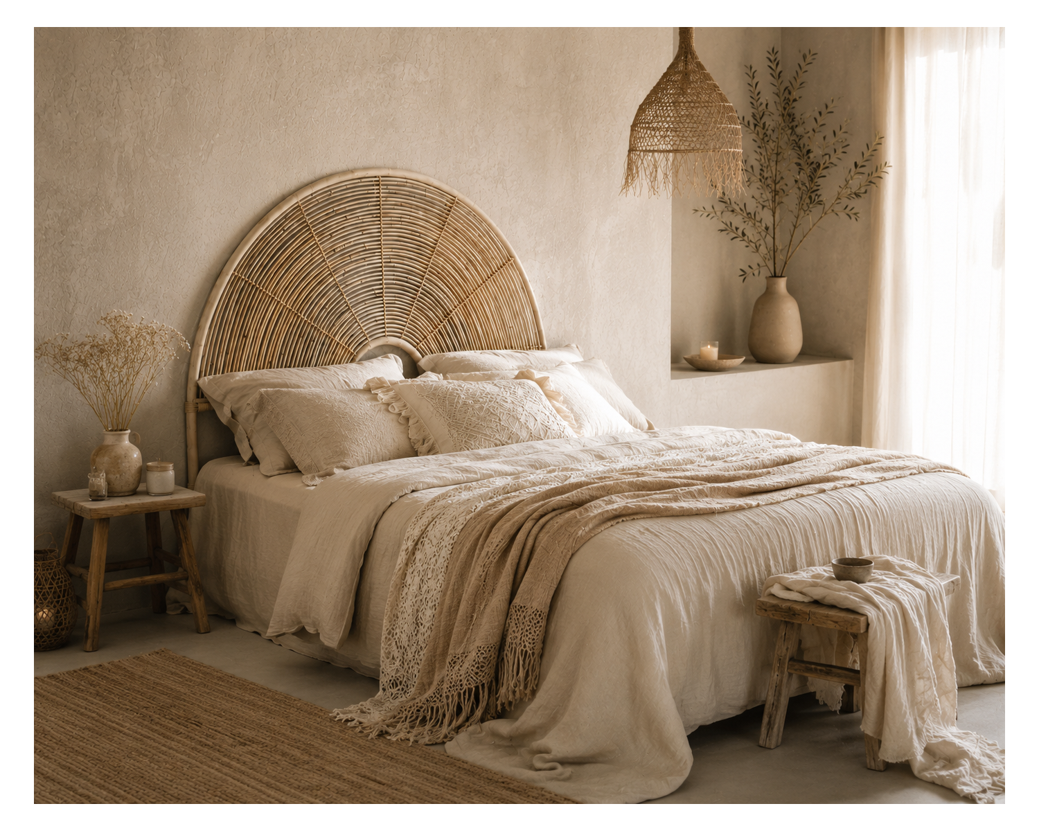 Tête de lit style ethnique en rotin "Solira" forme arrondie 160 cm