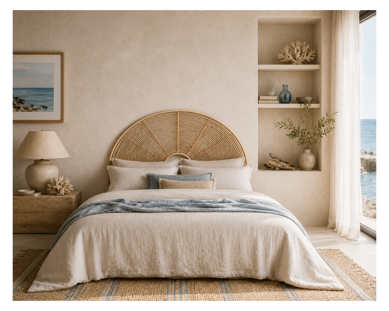 Tête de lit style ethnique en rotin "Solira" forme arrondie 160 cm