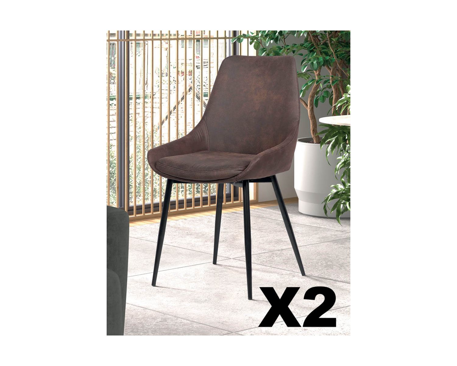Lot de 2 chaises design métal noir et tissu microfibre brun "Malo"