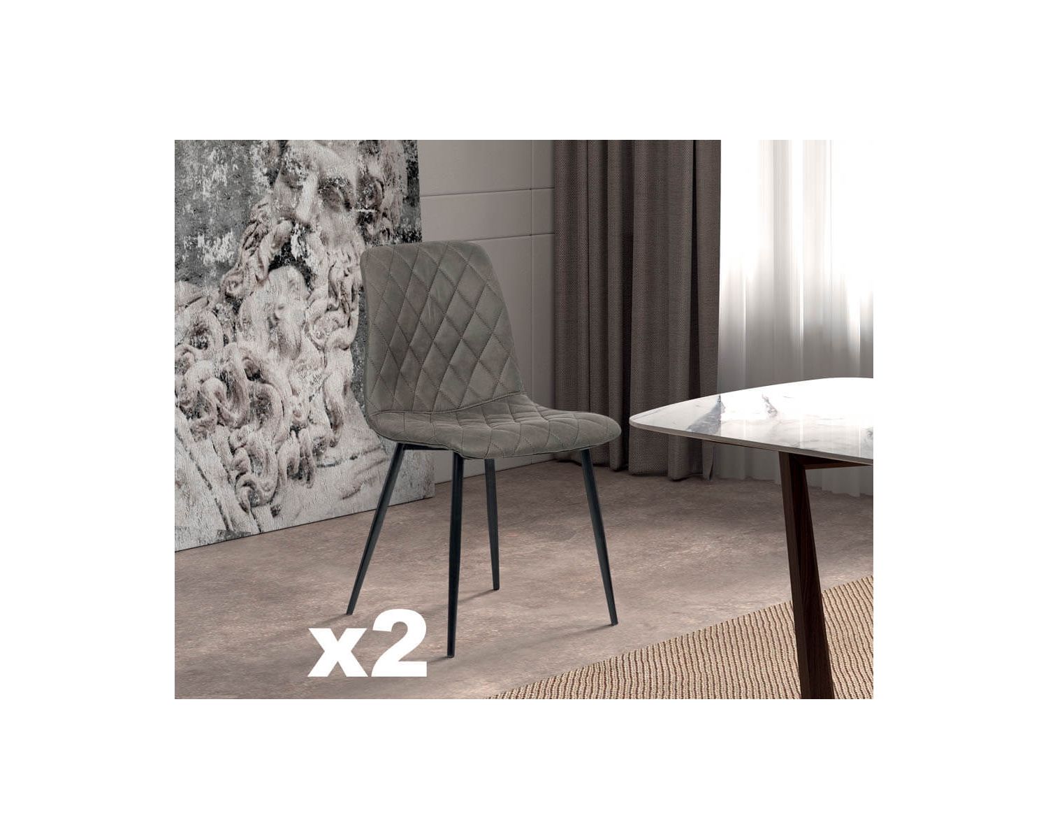 Lot de 2 chaises matelassées microfibre grise, pieds métal noir "Miro"