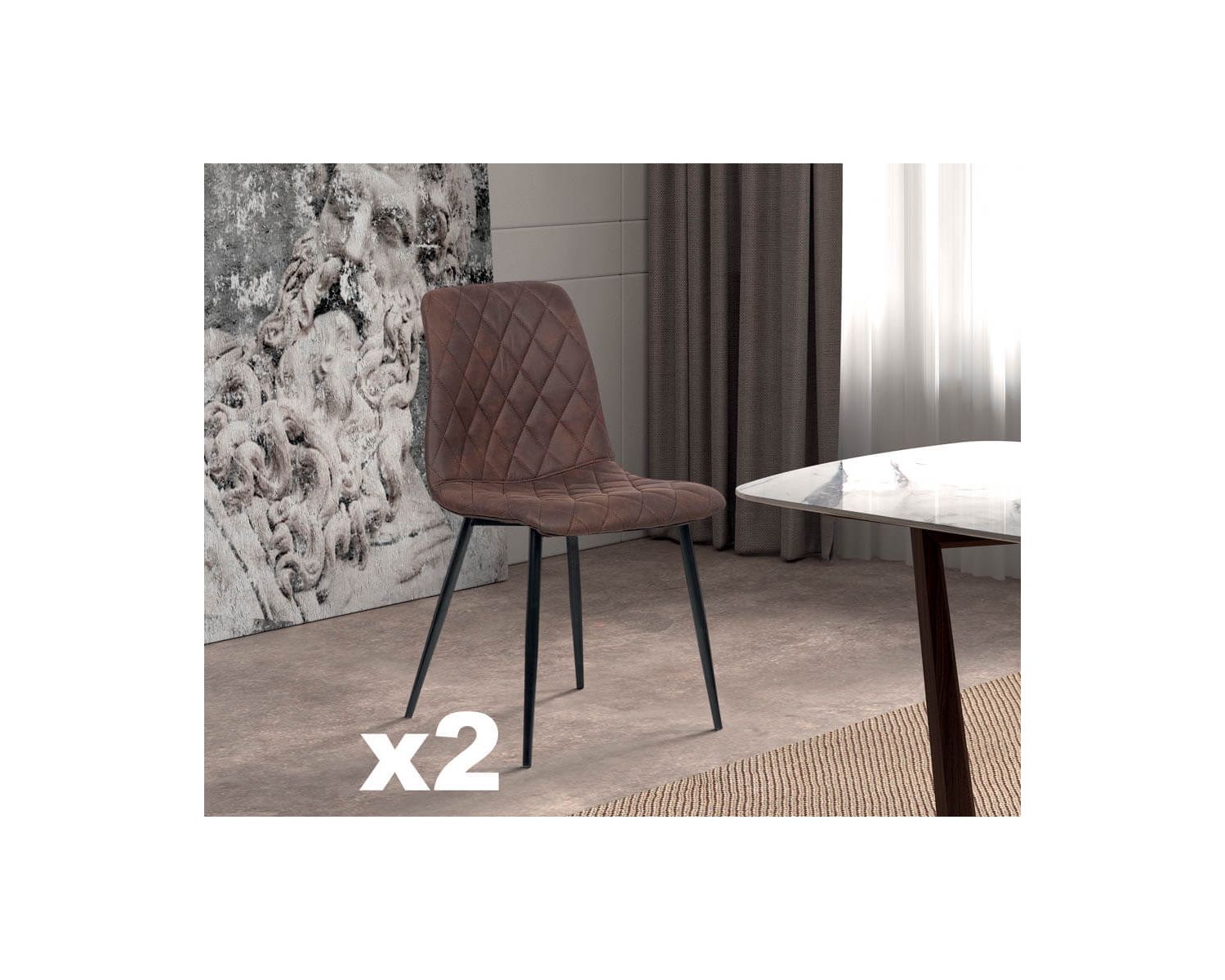 Lot de 2 chaises design métal noir et tissu microfibre brun "Miro"