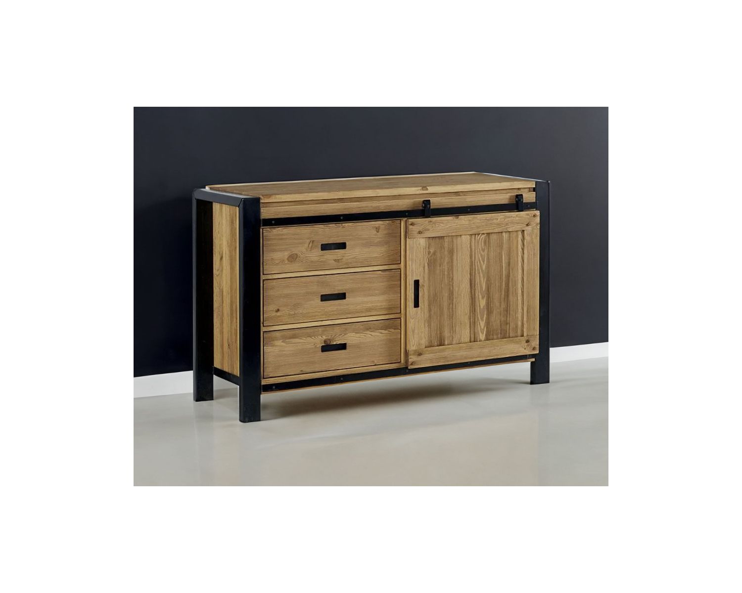 Bahut industriel 3 tiroirs et porte coulissante "Lugano"