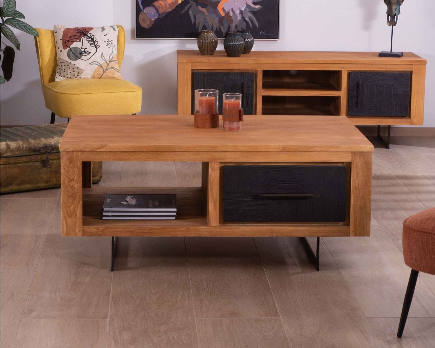 Table basse rectangulaire en teck recyclé 2 tiroirs "Trend"