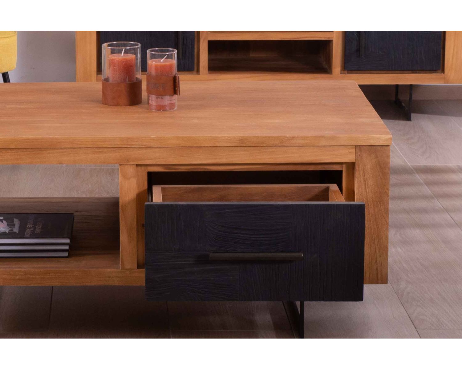 Table basse rectangulaire en teck recyclé 2 tiroirs "Trend"