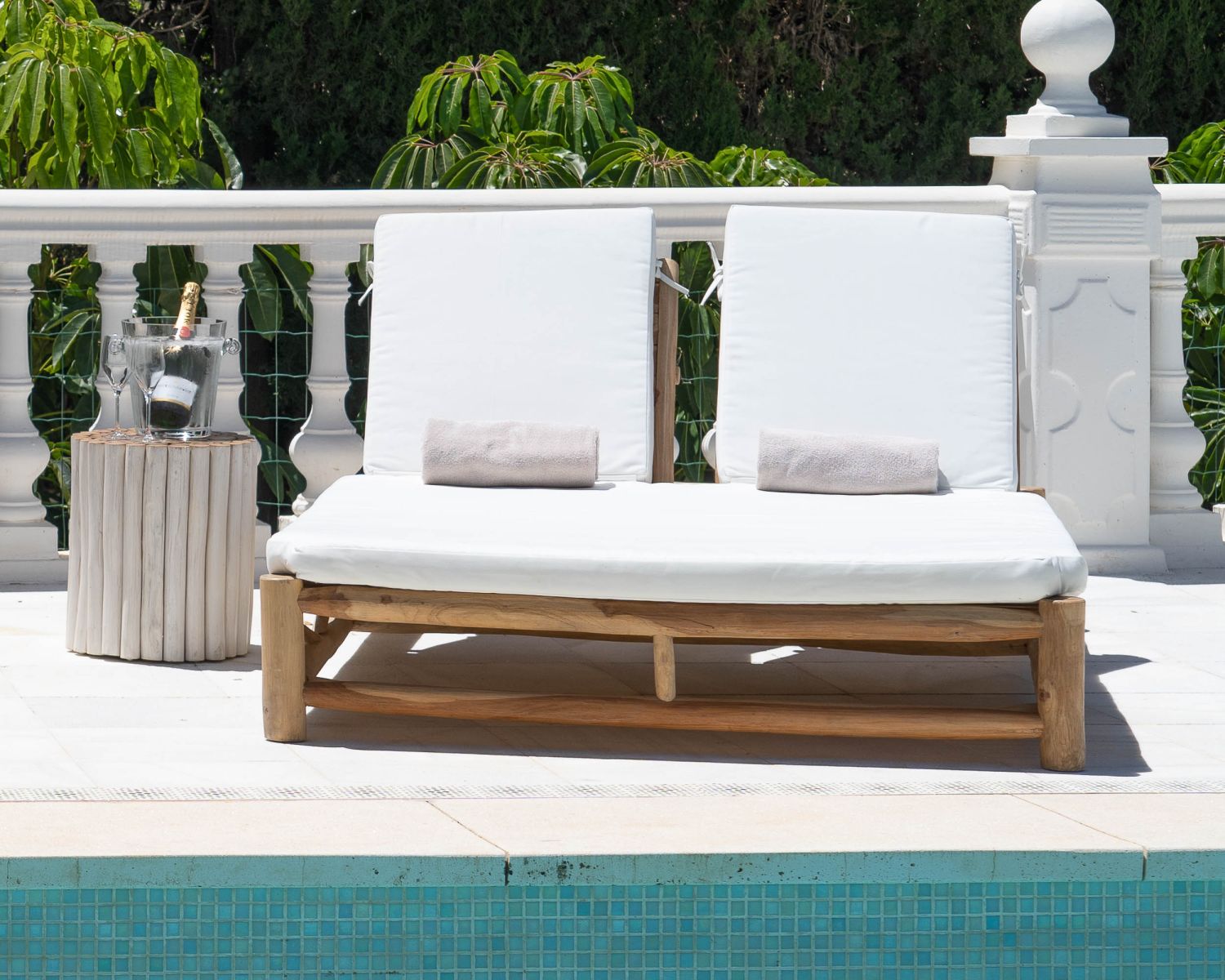 Bain de soleil design exotique 2 places "Sumatra" structure branches de teck