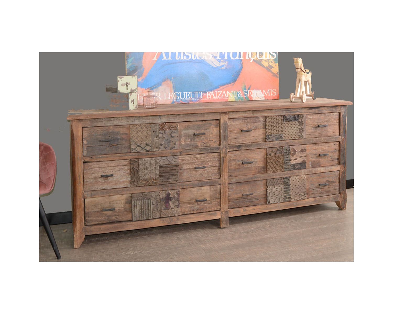 Commode basse apothicaire 195cm "Népalaise" en bois recyclé 6 tiroirs