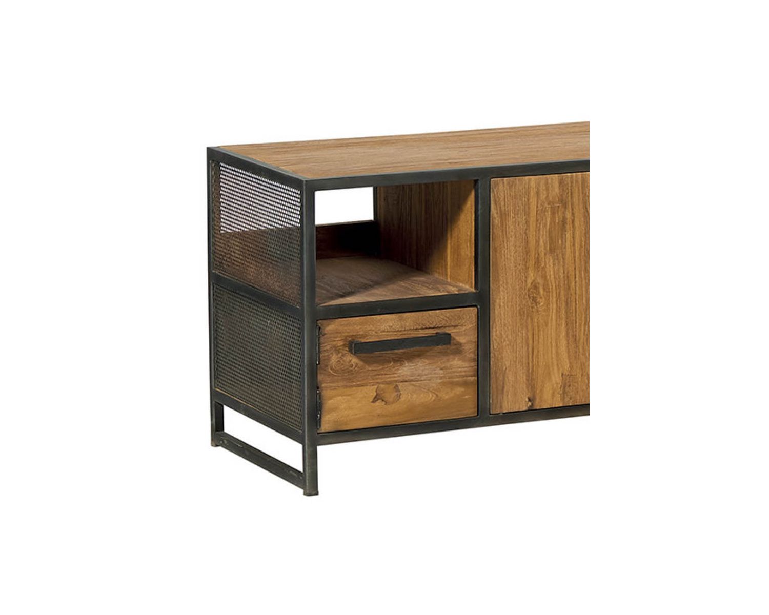 Meuble TV bas métal vieilli et teck recyclé style atelier "Athéna"