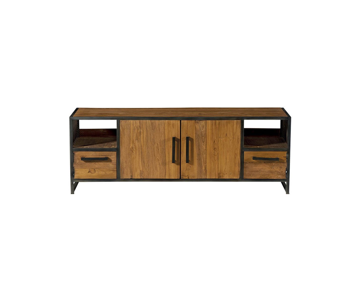 Meuble TV bas métal vieilli et teck recyclé style atelier "Athéna"