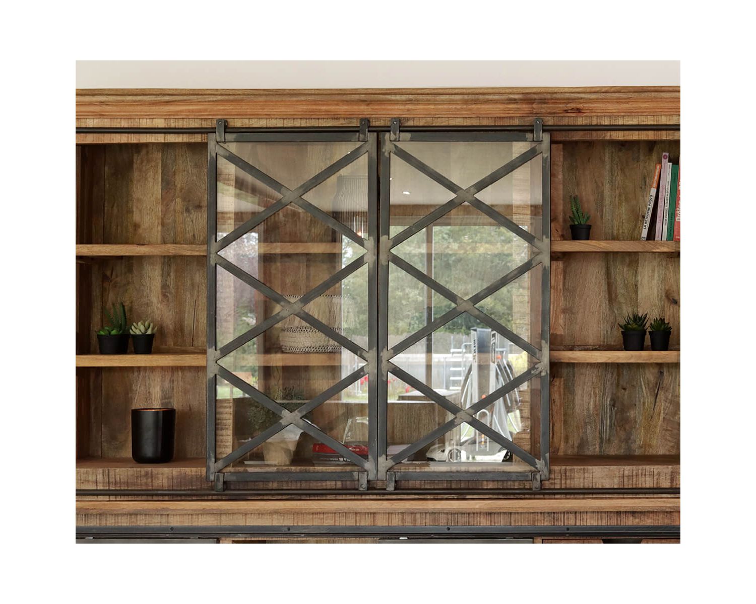 Vaisselier industriel métal et bois portes coulissantes 2m "Caractère"