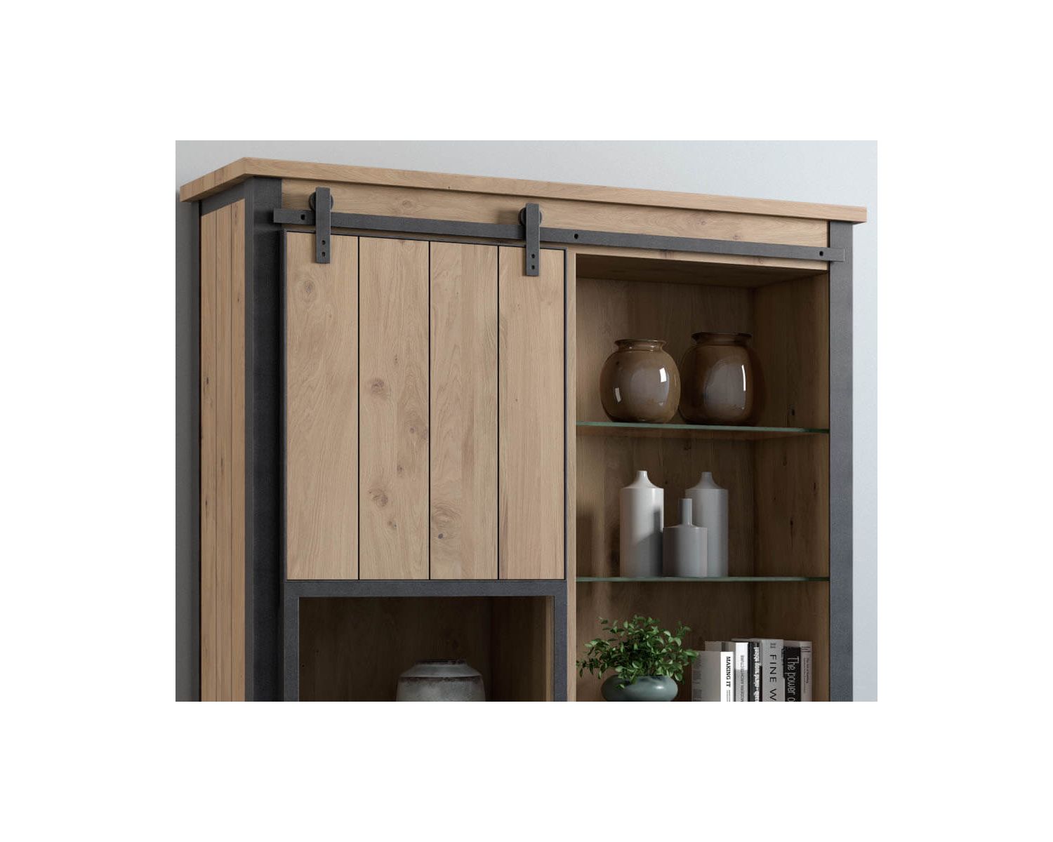 Meuble de rangement avec vitrine bois massif et métal foncé "Breeze"