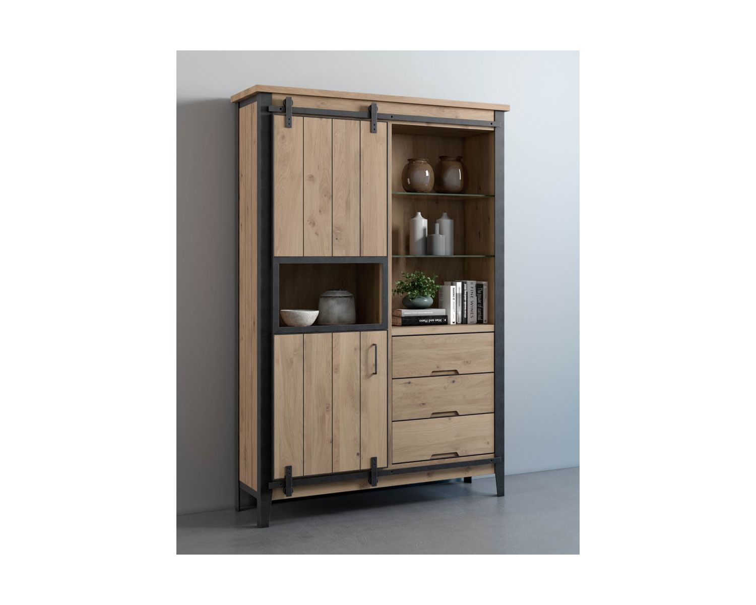 Meuble de rangement avec vitrine bois massif et métal foncé "Breeze"