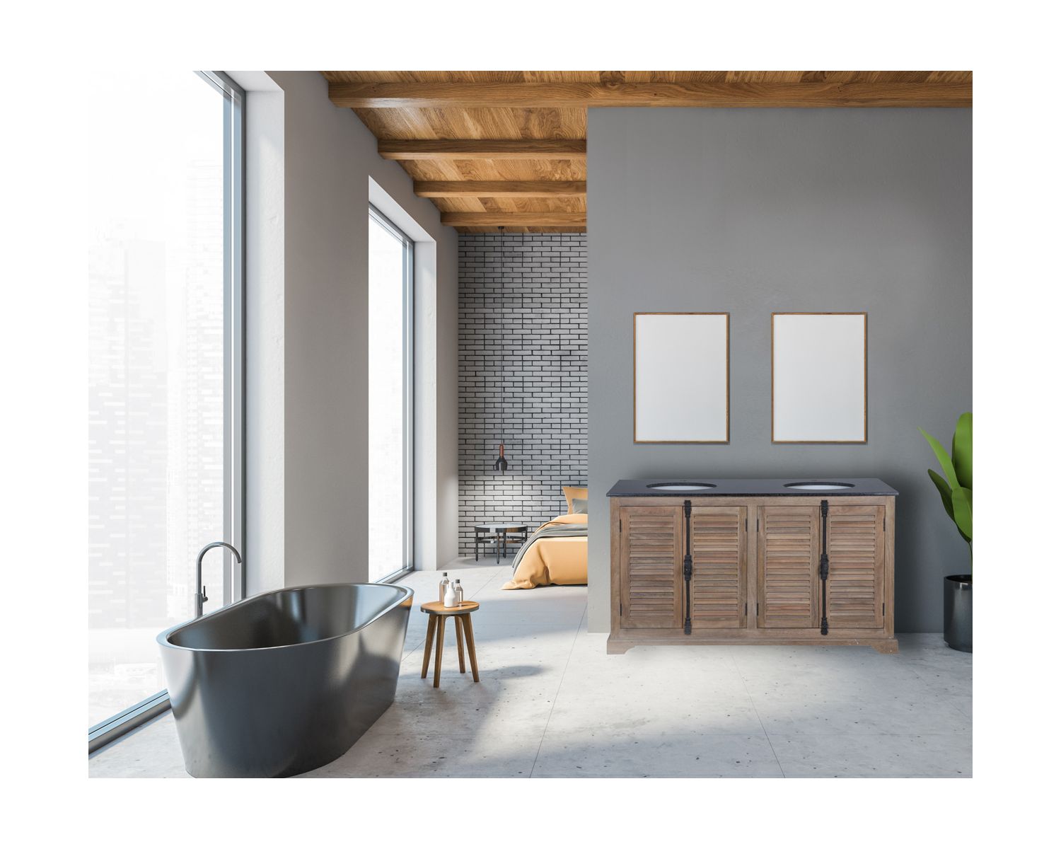 Meuble de salle de bain 150cm poignées crémones et marbre "Persienne"