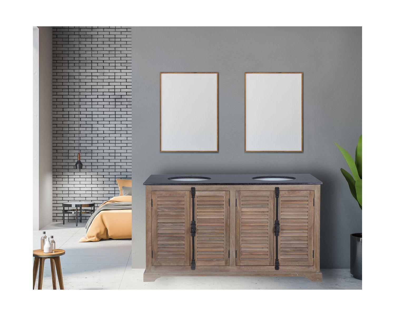 Meuble de salle de bain 150cm poignées crémones et marbre "Persienne"
