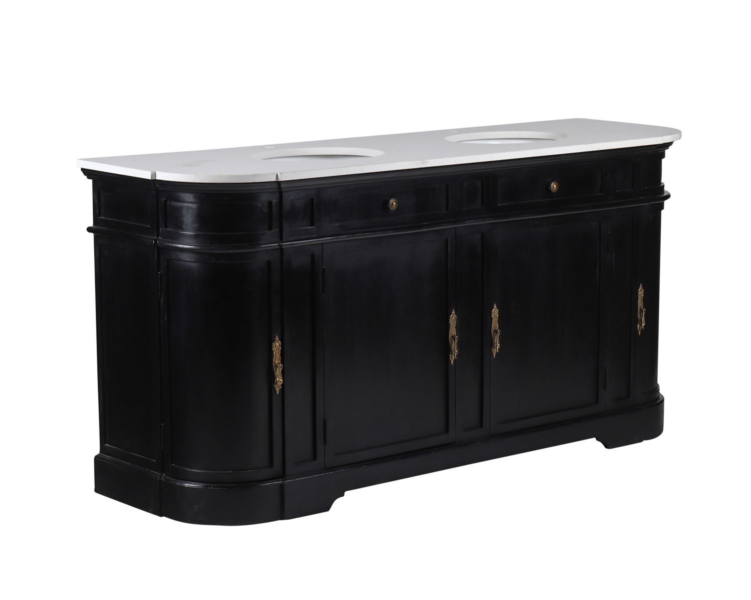 Meuble double vasque coins arrondis bois noir quartz blanc "Églantine"