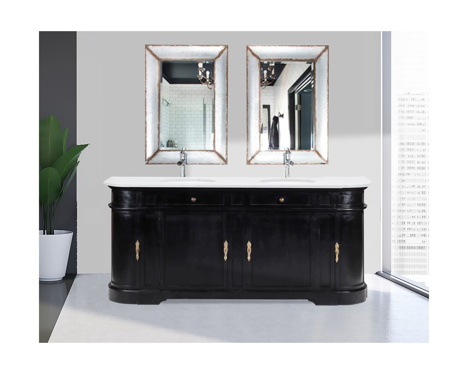 Meuble double vasque coins arrondis bois noir quartz blanc "Églantine"